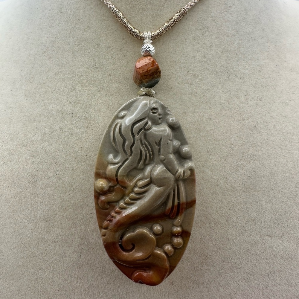 Polychrome Jasper Oval Mermaid Carving Pendant on Adjustable Rope with Silver
